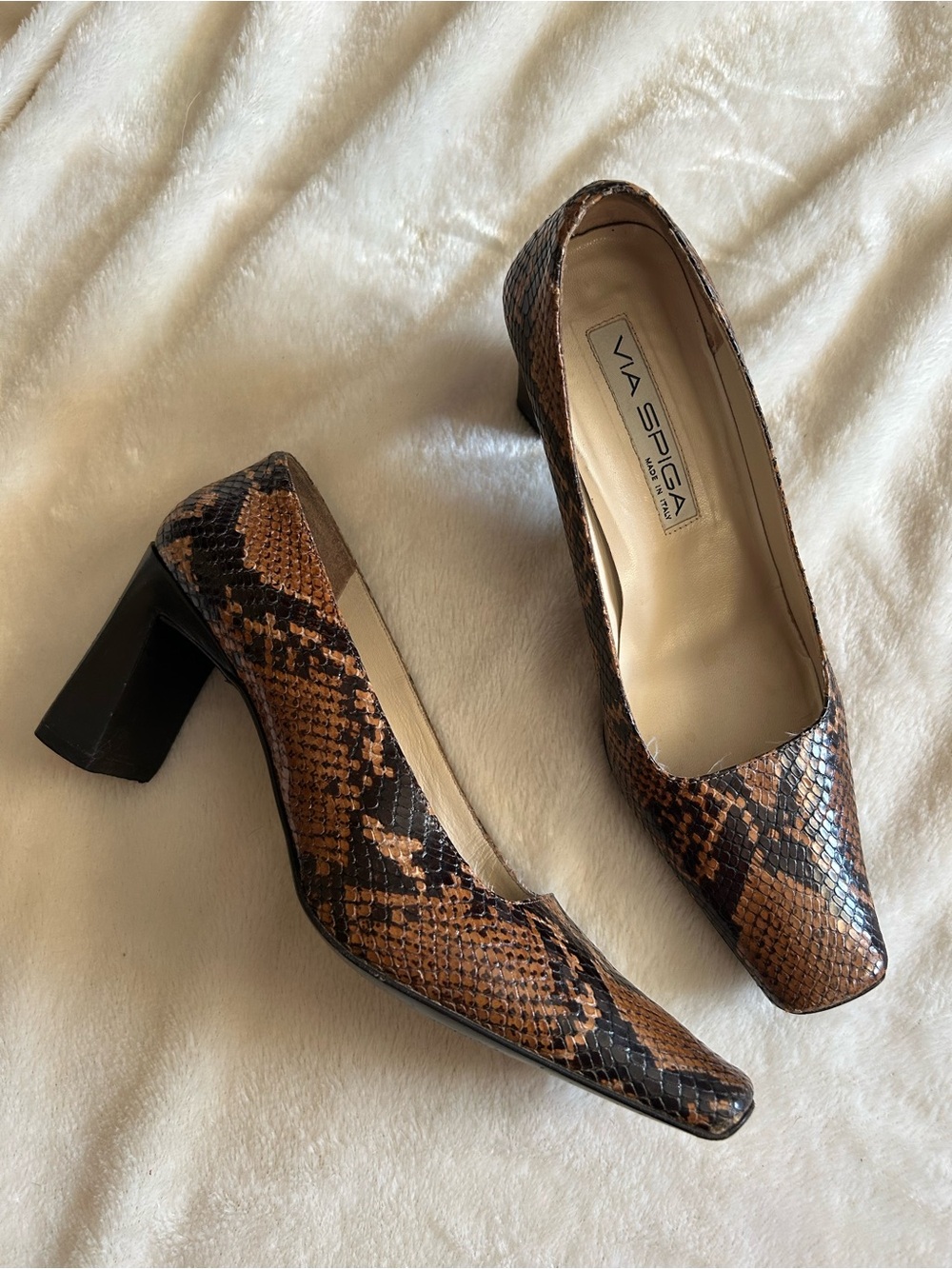 Vintage Via Spiga brown snakeskin leather square toe heels womens 8.5